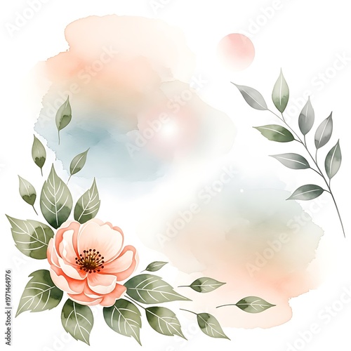 Elegant Watercolor Floral Background with Soft Pastel Leaves and Peach Flower – Minimal Aesthetic Design