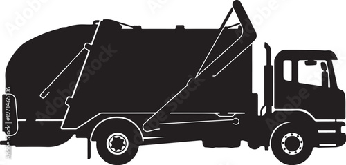 Black garbage truck, waste management vehicle, sanitation truck, garbage collector