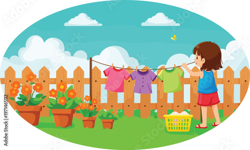 Girl hanging laundry on clothesline in backyard garden with flowers and wooden fence cartoon vector illustration