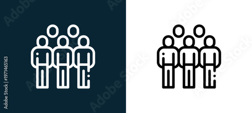 Two-color community outline icon pair in black and white, editable stroke vector illustration for web, mobile apps, UI design, branding, and print from friendship