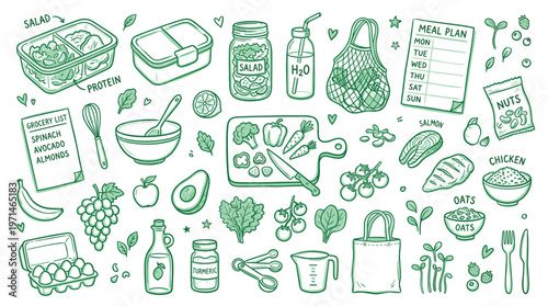 Healthy eating illustration with fresh food ingredients and meal plan for balanced diet and wellness