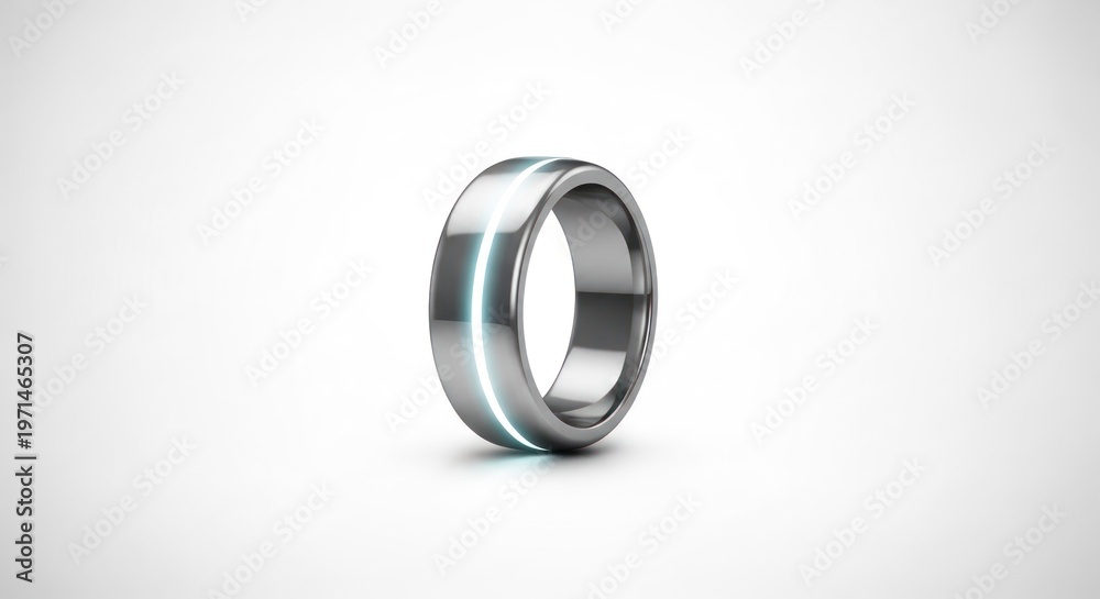 Obraz premium Sleek silver ring with a futuristic blue light detail on a white background, representing modern technology and digital accessories, with an elegant design.