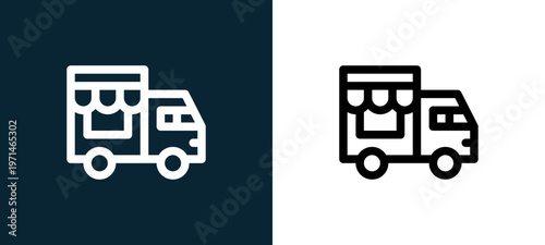 Two-color food truck outline icon pair in black and white, editable stroke vector illustration for web, mobile apps, UI design, branding, and print from take away