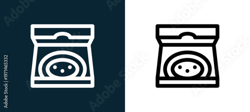 Two-color pizza outline icon pair in black and white, editable stroke vector illustration for web, mobile apps, UI design, branding, and print from take away