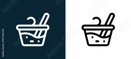 Two-color soup outline icon pair in black and white, editable stroke vector illustration for web, mobile apps, UI design, branding, and print from take away