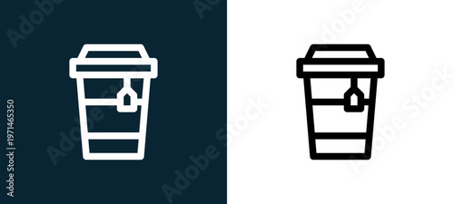 Two-color tea outline icon pair in black and white, editable stroke vector illustration for web, mobile apps, UI design, branding, and print from take away