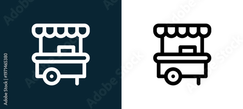 Two-color food stall outline icon pair in black and white, editable stroke vector illustration for web, mobile apps, UI design, branding, and print from take away