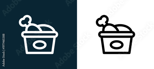 Two-color chicken outline icon pair in black and white, editable stroke vector illustration for web, mobile apps, UI design, branding, and print from take away