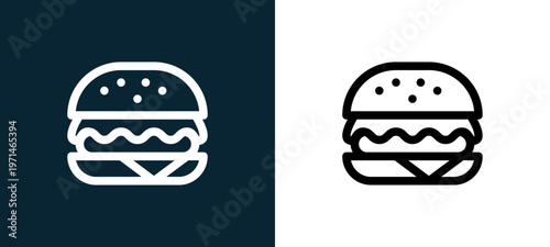 Two-color burger outline icon pair in black and white, editable stroke vector illustration for web, mobile apps, UI design, branding, and print from take away