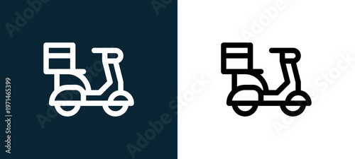 Two-color motorbike outline icon pair in black and white, editable stroke vector illustration for web, mobile apps, UI design, branding, and print from take away