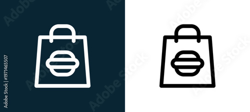 Two-color bag outline icon pair in black and white, editable stroke vector illustration for web, mobile apps, UI design, branding, and print from take away