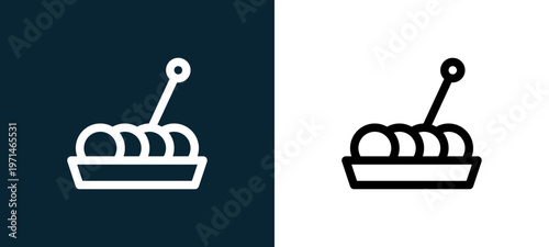 Two-color takoyaki outline icon pair in black and white, editable stroke vector illustration for web, mobile apps, UI design, branding, and print from take away