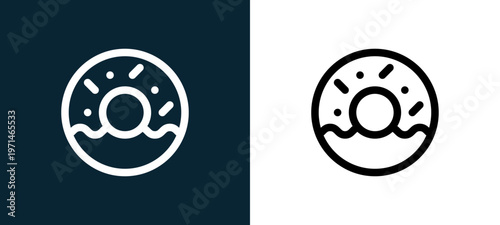 Two-color doughnut outline icon pair in black and white, editable stroke vector illustration for web, mobile apps, UI design, branding, and print from take away