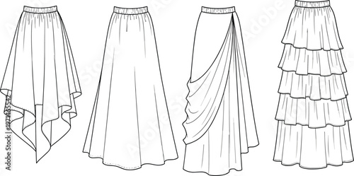 Cad drawing flat vector illustration of women's skirts, asymmetrical, draped, layered, technical sketch for fashion design, clothing front view