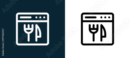 Two-color online outline icon pair in black and white, editable stroke vector illustration for web, mobile apps, UI design, branding, and print from take away