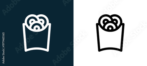 Two-color onion rings outline icon pair in black and white, editable stroke vector illustration for web, mobile apps, UI design, branding, and print from take away