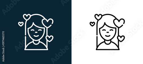 Two-color girl outline icon pair in black and white, editable stroke vector illustration for web, mobile apps, UI design, branding, and print from date night