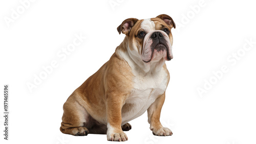 Brown and white bulldog sitting, isolated on transparent background