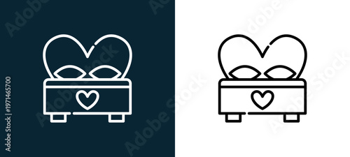 Two-color bed outline icon pair in black and white, editable stroke vector illustration for web, mobile apps, UI design, branding, and print from date night