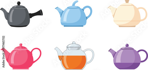 Teapot Collection Vector Illustration Set Featuring Colorful Glass and Ceramic Teapots with Modern and Classic Styles for Kitchen Beverage Design