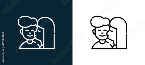 Two-color kiss outline icon pair in black and white, editable stroke vector illustration for web, mobile apps, UI design, branding, and print from date night