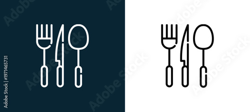 Two-color cutlery outline icon pair in black and white, editable stroke vector illustration for web, mobile apps, UI design, branding, and print from date night