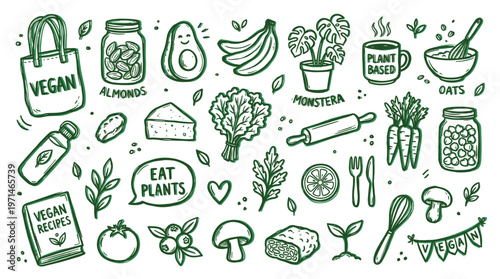 Vegan Lifestyle Doodle Collection Healthy Eating Plant Based Food Ingredients and Symbols Hand Drawn Sketch