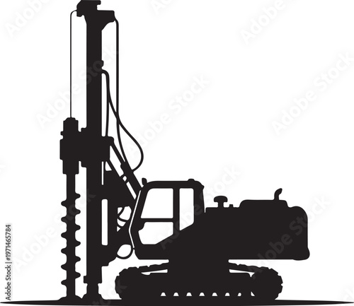 Heavy duty drilling rig, industrial excavator, construction equipment, black silhouette