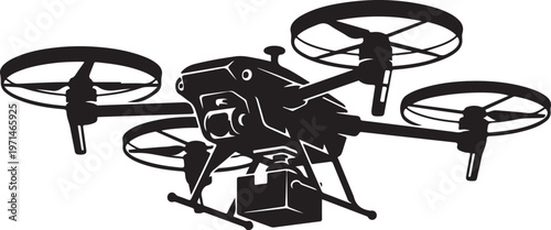 Drone, quadcopter, aerial vehicle, black icon, vector illustration, flying robot, unmanned aircraft