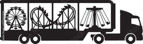 Carnival, amusement park, ride truck, black silhouette, vector illustration, fairground transportation