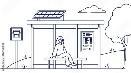 Woman waits at solar powered bus stop for transportation home.