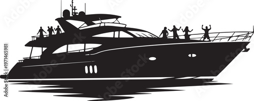 Luxury Yacht, Boat, Silhouette, Vector, Black, White, People, Celebration