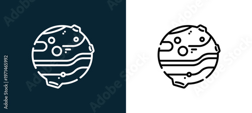 Two-color mars outline icon pair in black and white, editable stroke vector illustration for web, mobile apps, UI design, branding, and print from space