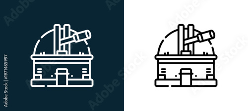 Two-color observatory outline icon pair in black and white, editable stroke vector illustration for web, mobile apps, UI design, branding, and print from space