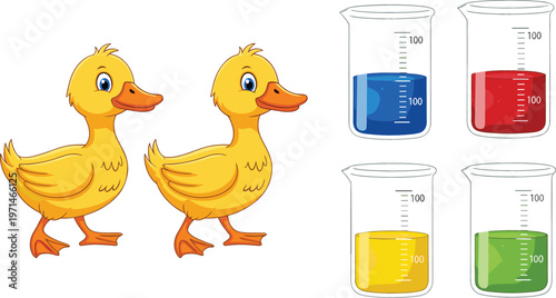 Cute cartoon duck characters and laboratory beakers with colorful liquids science experiment vector illustration set
