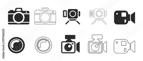 Set of black and white icons representing various cameras and video recorders for graphic design