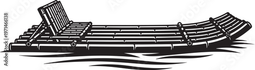 Inflatable raft, floating boat, black and white illustration, vector graphic