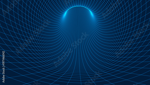 An abstract visualization of a funnel or tunnel, created from a multitude of bright, smooth lines, creating a deep perspective and the effect of virtual space against a dark background. Linear vector 