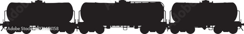 Industrial train cars, tanker railcars, black silhouettes, transportation icons, vector graphics