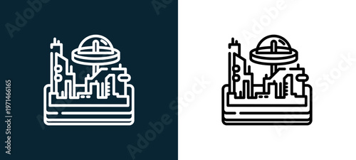 Two-color space colony outline icon pair in black and white, editable stroke vector illustration for web, mobile apps, UI design, branding, and print from space
