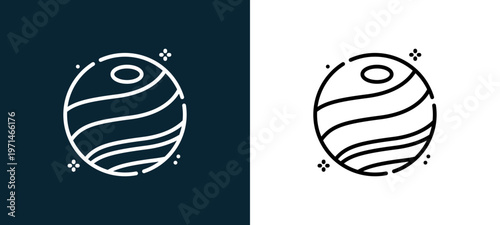 Two-color planet outline icon pair in black and white, editable stroke vector illustration for web, mobile apps, UI design, branding, and print from space