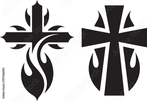 Silhouette of 2 cross combined with flame elements, symbolizing divine power and Holy Spirit