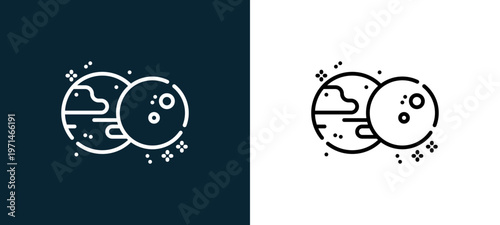 Two-color eclipse outline icon pair in black and white, editable stroke vector illustration for web, mobile apps, UI design, branding, and print from space