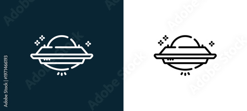 Two-color ufo outline icon pair in black and white, editable stroke vector illustration for web, mobile apps, UI design, branding, and print from space
