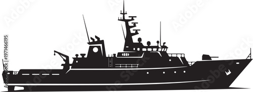 Military ship, naval vessel, warship silhouette, black icon, vector graphics