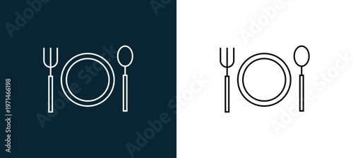 Two-color plate outline icon pair in black and white, editable stroke vector illustration for web, mobile apps, UI design, branding, and print from furniture