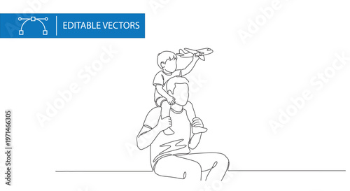 Continuous line drawing of father and son playing, dad carrying boy on shoulders with toy airplane, minimalist family bonding vector illustration