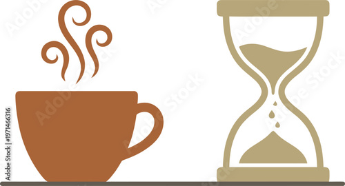 Coffee cup and hourglass on shelf vector illustration for coffee break time management concept in warm brown and tan colors with steam swirls.