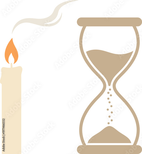 Hourglass time meter beside burning candle with smoke trail vector illustration for concept of passing time and mortality in vintage retro style.
