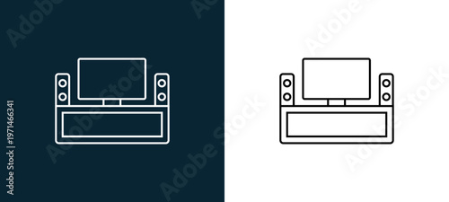 Two-color home theater outline icon pair in black and white, editable stroke vector illustration for web, mobile apps, UI design, branding, and print from furniture